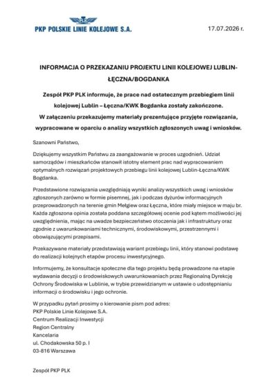 PROJEKT LINII KOLEJOWEJ LUBLIN-ŁĘCZNA/LW BOGDANKA PO KOREKTACH
